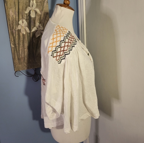 Free People Oversized Top Crop Swing Hippie Boho White Embroidery Small Smocked - Picture 3 of 5